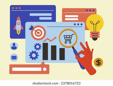 Data analytics. Creative idea market. Startup rocket. See with magnifier. Browser frames. Abstract dashboard for financial analysis. Finance diagram. Business target. Vector illustration tidy collage