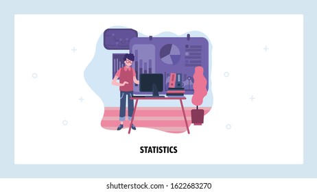 Data analytics, dashboard and business finance report. Man using computer to analyze data statistic. Vector web site design template. Landing page website concept illustration