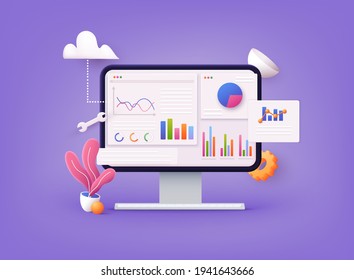 Data analytics, dashboard and business finance report. investment or website SEO screen PC concept. 3D Web Vector Illustrations. - Shutterstock ID 1941643666