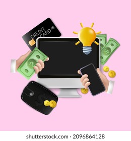 Data analytics, dashboard and business finance report. Gold coins with green paper dollars, Cashier's checks. Realistic 3d design in cartoon style. Business financial investment.