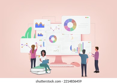 Data analytics, dashboard, and business finance report. Characters analyze data on a computer screen. Landing page concepts for website and mobile development. 3d vector illustration.