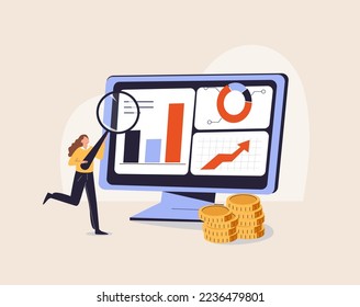 Data analytics, dashboard and business finance report. Landing page concepts for website mobile development. Modern flat illustration. Planning, marketing research, work communication, goal settings