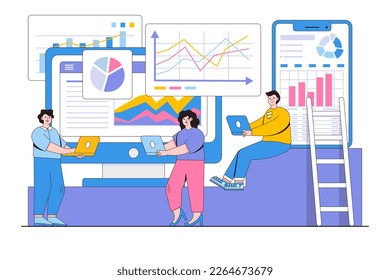 Data analytics, dashboard and business finance report concept with people character. Outline design style minimal vector illustration for landing page, web banner, infographics, hero images.