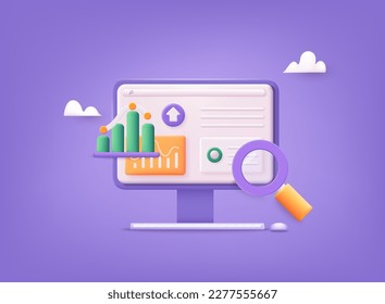 Análisis de datos, tablero de mandos e informe de finanzas empresariales. Concepto de PC de pantalla SEO de inversión o sitio web. Ilustraciones de vectores Web 3D.