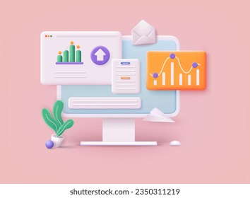 Data analytics, dashboard and business finance report. investment or website SEO screen PC concept. 3D Web Vector Illustrations.