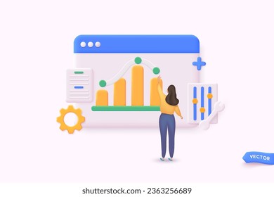 Data analytics, dashboard and business finance report. investment or website SEO screen PC concept. 3D Web Vector Illustrations.