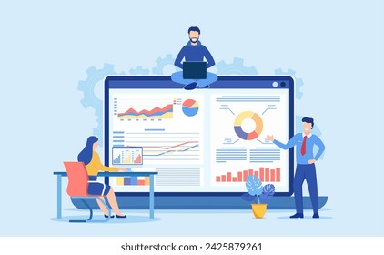 Data analytics, dashboard and business finance report. business people working for data analytics and monitoring on web report. business finance investment concept. Vector illustration in flat style