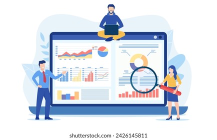 Data analytics, dashboard and business finance report. business people working for data analytics and monitoring on web report. business finance investment concept. Vector illustration in flat style