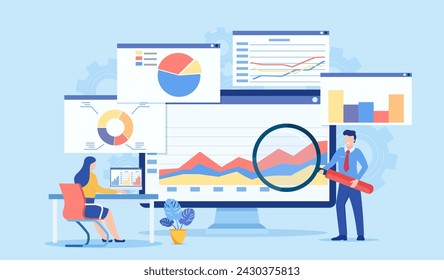 Análisis de datos, panel de control e informe de finanzas empresariales. personas de negocios que trabajan para el análisis de datos y el seguimiento en informes web. concepto de inversión de finanzas empresariales. Ilustración vectorial en estilo plano