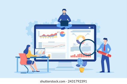 Data analytics, dashboard and business finance report. business people working for data analytics and monitoring on web report. business finance investment concept. Vector illustration in flat style