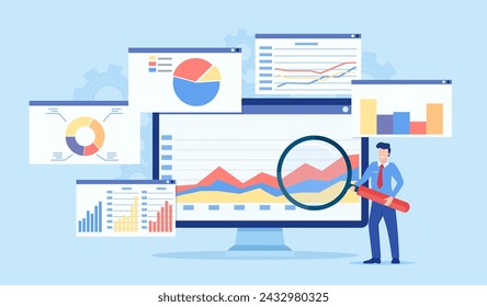 Análisis de datos, panel de control e informe de finanzas empresariales. personas de negocios que trabajan para el análisis de datos y el seguimiento en informes web. concepto de inversión de finanzas empresariales. Ilustración vectorial en estilo plano