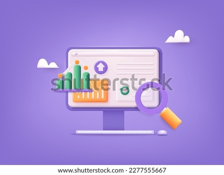 Data analytics, dashboard and business finance report. Investment or website SEO screen PC concept. 3D Web Vector Illustrations.