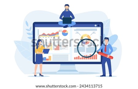 Data analytics, dashboard and business finance report. business people working for data analytics and monitoring on web report. business finance investment concept. Vector illustration in flat style