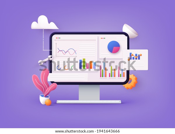 Data analytics, dashboard and business\
finance report. investment or website SEO screen PC concept. 3D Web\
Vector Illustrations.