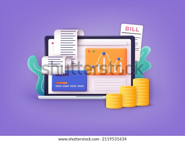 Data analytics, dashboard and business\
finance report. Investment or website SEO screen PC concept. 3D Web\
Vector Illustrations.