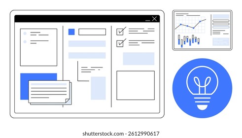 Data analytics dashboard displaying charts, graphs, task lists, and text entries. Ideal for business strategy, project management, data visualization, productivity, digital marketing, research