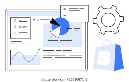 Painel de análise de dados com gráficos gráficos de pizza e ícone de saco de compras. Ideal para e-commerce, análise de dados, estratégia de marketing, gerenciamento de negócios, controle de desempenho. Design plano contemporâneo