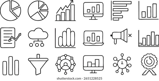 data analytics dashboard icon set, solid black, pie chart bar graph symbols, editable minimal UI elements, no outline, flat vector