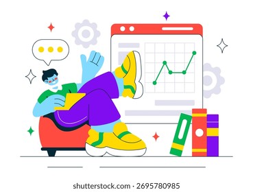 Data Analytics Dashboard Illustration Featuring Marketing Analytics With Performance Graphs, Conversion Metrics, And Charts In A Flat Background