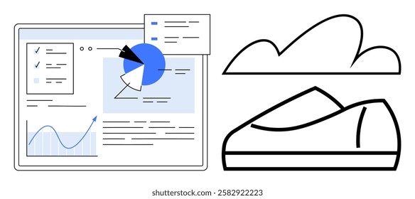 Data analytics dashboard with pie and line charts beside outline of sneaker under a cloud. Ideal for sports data, fitness apps, health tracking, exercise planning, athletic training, and cloud