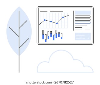 O painel de análise de dados mostra o gráfico de linhas, o gráfico de barras e os detalhes de texto próximos à árvore minimalista e à nuvem. Ideal para análise de dados, crescimento da empresa, temas ecológicos, computação em nuvem, apresentações