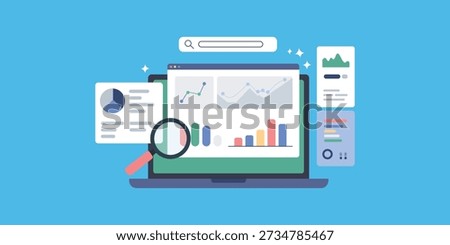 Data Analytics Dashboard Vector Illustration with Charts, Graphs and Business Statistics on Laptop
