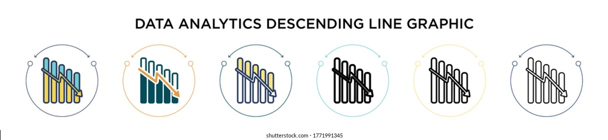 Data analytics descending line graphic icon in filled, thin line, outline and stroke style. Vector illustration of two colored and black data analytics descending line graphic vector icons designs