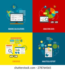 Data analytics design concept with making calculations statistics and analytical report flat icons set isolated vector illustration