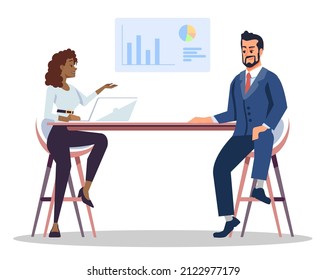 Data analytics discussion semi flat RGB color vector illustration. Mass media occupation. Female news presenter interviewing economic expert isolated cartoon characters on white background