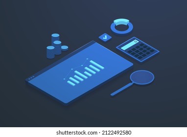 Data analytics, Ecommerce Metrics, Digital Audition Marketing isometric concept. Dashboard Business finance report and seo analysis with data statistics charts, calculator, magnifier and coins icons