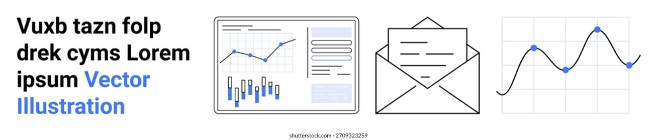 Análisis de datos, email marketing, tendencias de negocio, comunicación, correspondencia digital, estadísticas. Gráficos y un sobre son . Análisis de datos y concepto de email marketing