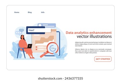 Data Analytics Enhancement. Professional analyzing data trends and metrics for strategic retail insights. Flat vector illustration.