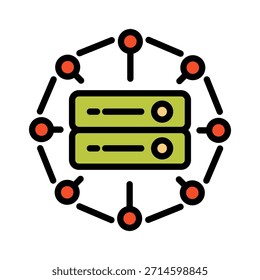 Icono de color de línea llena de análisis de datos. Símbolo de estructura. Disposición de Elementos interconectados en el servidor.