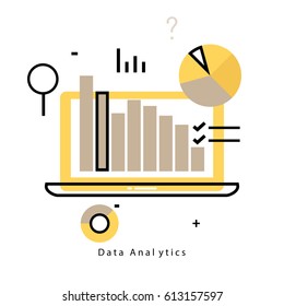 Data analytics flat line business vector illustration design banner. Data monitoring, web analytics information, financial statistics design for mobile and web graphics