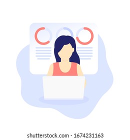 análisis de datos, niña que trabaja con portátil, vector