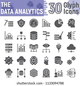 Data analytics glyph icon set, database symbols collection, vector sketches, logo illustrations, web hosting signs solid pictograms package isolated on white background, eps 10.