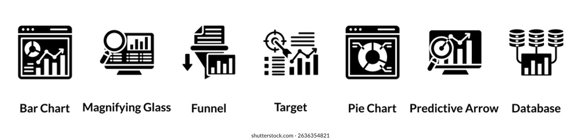 Data analytics glyph icon set. bar chart, magnifying glass, funnel, target, pie chart, predictive arrow, database