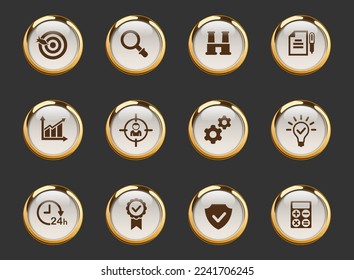 data analytics gold-rimmed vector icons on dark background. data analytics icons in gold frame for web, mobile and ui design