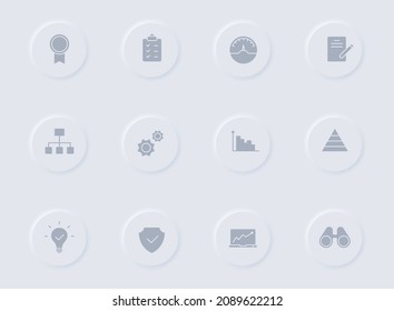 data analytics gray vector icons on round rubber buttons. data analytics icon set for web, mobile apps, ui design and promo business polygraphy