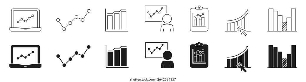 Data Analytics And Growth Chart Line And Solid Icon Set. Business Performance, Financial Analysis, And Market Trends Symbol Collection. Statistical Visualization Tools. Isolated Vector Illustration.