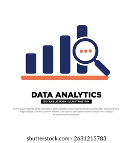 Data Analytics Icon. Bar Chart with Magnifying Glass for Deep Data Analysis. Editable Icon.