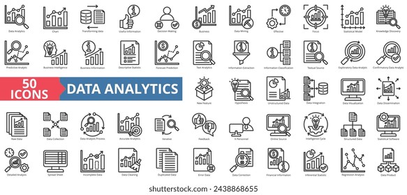 Data analytics icon collection set. Containing chart, forecast prediction, useful information, decision making, business intelligence, data mining, effective icon. Simple line vector