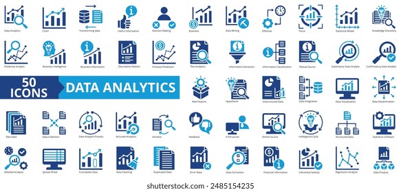 Data analytics icon collection set. Containing chart, forecast prediction, useful information, decision making, business intelligence, data mining, effective icon. Simple flat vector