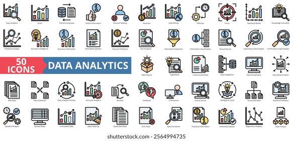 Data analytics icon collection set. Containing chart, forecast prediction, useful information, decision making, business intelligence, data mining, icon. Simple flat outline vector illustration