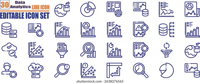 Data analytics icon collection set. Containing analytics, research, analysis, data, computing, statistics, management. Editable stroke collections. Analysis icon set.