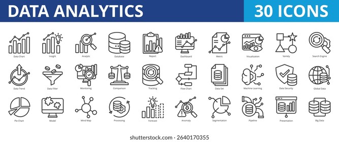 Data analytics icon pack collection set for business statistics and analysis. With data chart, insight, analytic, database, report, dashboard, metric, predictive, variety, search engine, trend icon