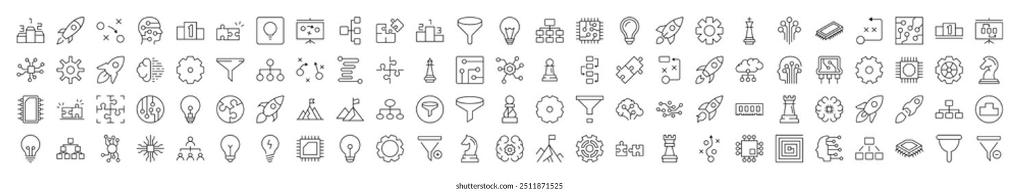 Pacote de Ícones de Dados e Analíticos. Contém ícones de quebra-cabeça, funil, engrenagem, roda dentada, nave espacial que pode ser usado para o design de cartões, posts, aplicativos, sites