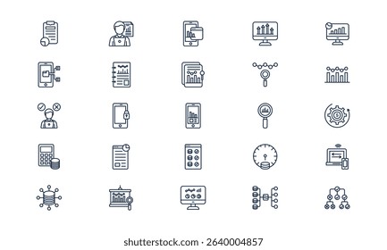Data analytics icon representing digital analysis and insights from information in outline style