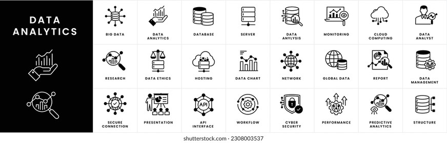 Data Analytics Icon Set Data analysis Line icons. Business intelligence icons. Analytics and insights icons.