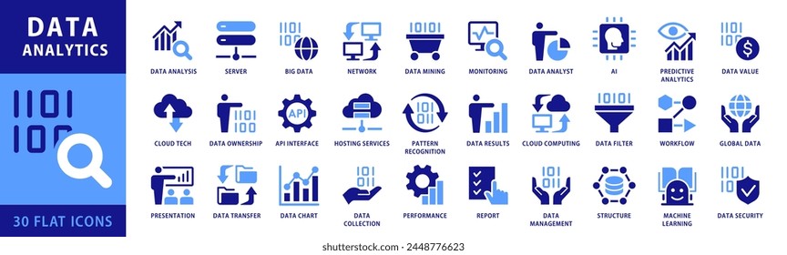 Conjunto de iconos de análisis de datos. Análisis de datos Tecnología Símbolos Conceptos. Con Conceptos como seguridad de datos, analítica, Minería, red, servidor, Monitoreo de Iconos. Colección de Vector de iconos planos de doble Colores